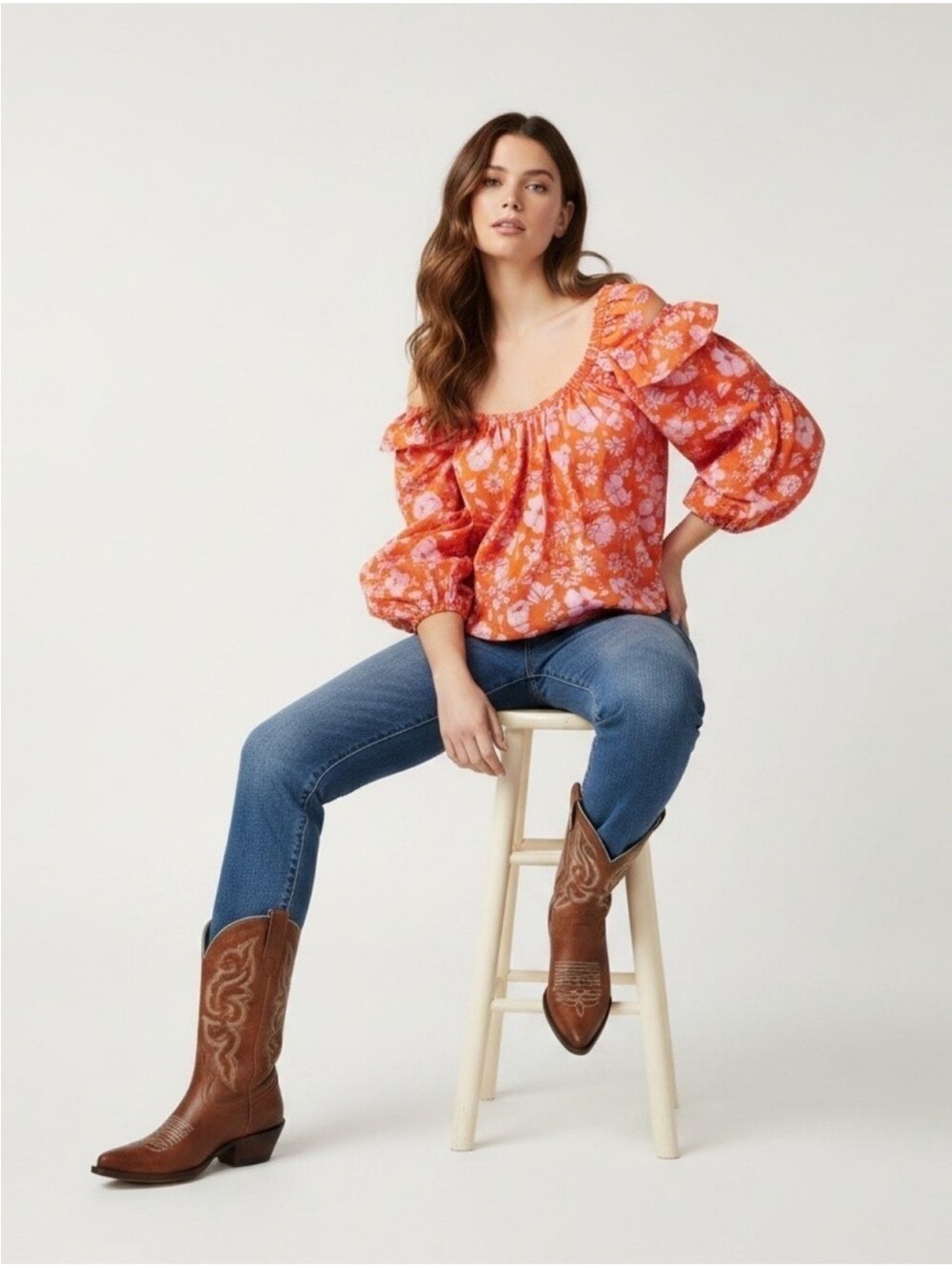 Free People Miss Daisy Off-Shoulder Floral Peasant Top in Orange and Pink Sz L